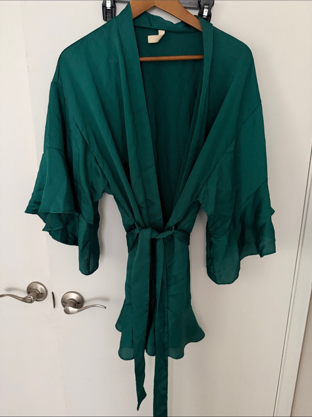 Tyche Emerald Green Satin Kimono Robe with Belt